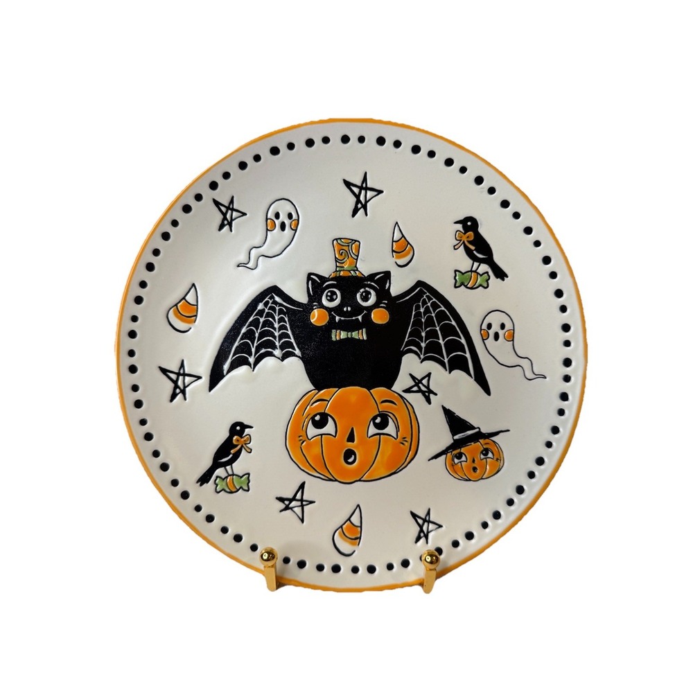 SET OF 4 ELI & ANA HALLOWEEN "CREEP SHOW BAT"  SALAD‎ / DESSERT PLATES 8 1/2"